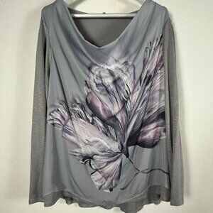 RJR John Rocha Womens Floral Print Drape Neck Long Sleeve Blouse Size 20 Gray